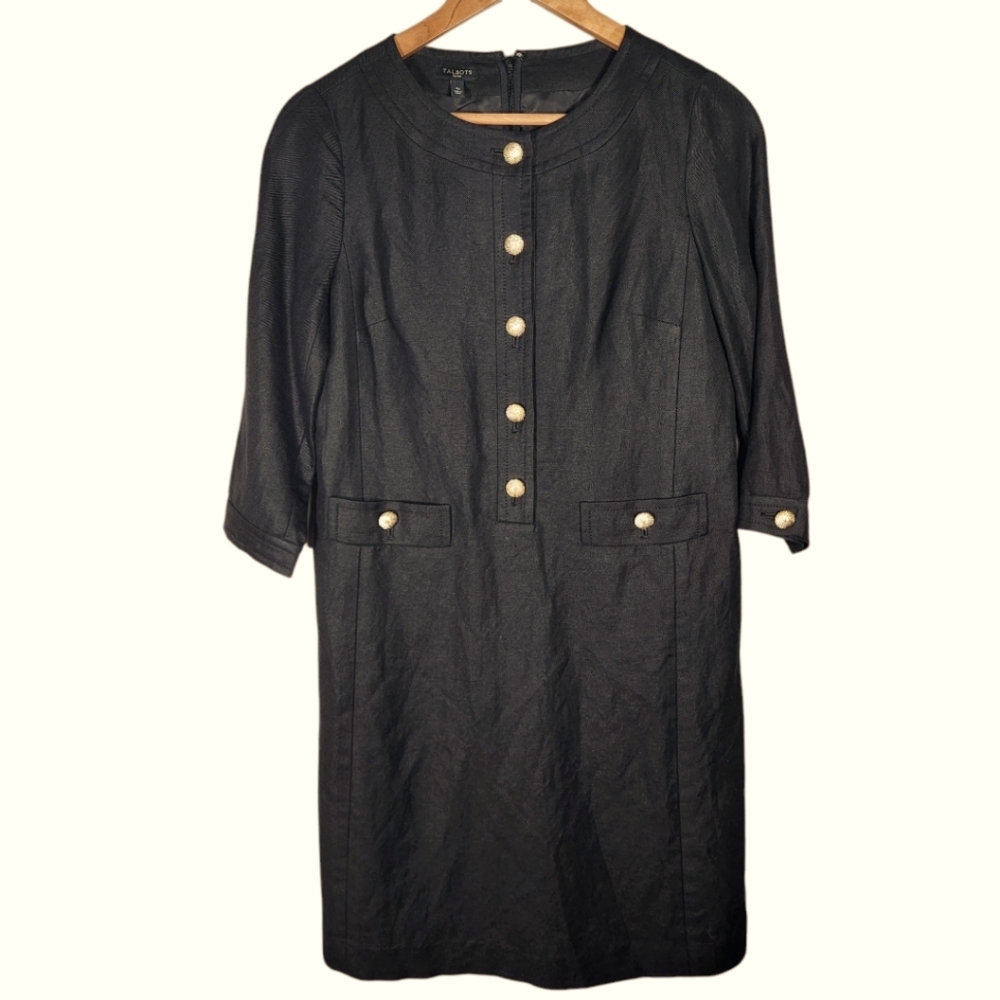 Talbots Petites 4P Black With Gold Buttons 55% Linen Dress Lined